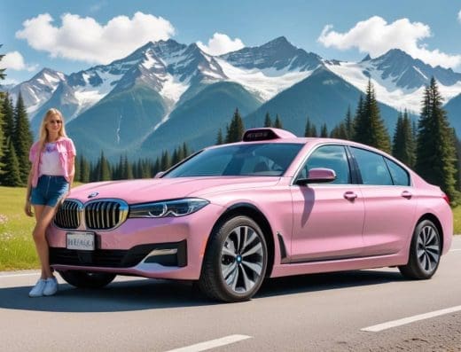 pink-taxi-kragujevac.jpeg-96-kb-1216-x-832-piksela plava devojka-stoji-pored-futurističkog-taksija-bmw-pink-boje u-pozadini-vrhovi-planina-ai-generisano